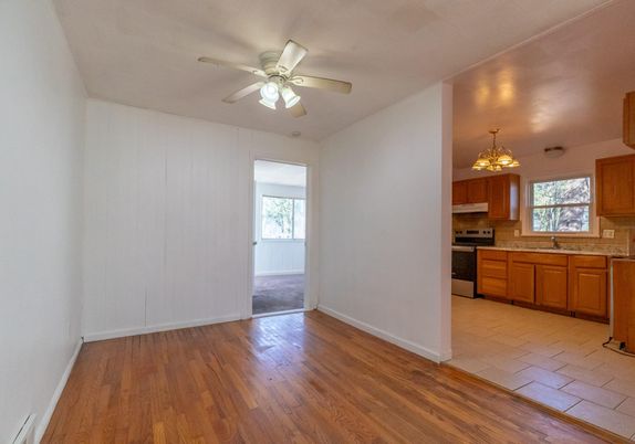 Chandelier, Empty room, Interior, Kitchen, Stainless Steel Appliances, Wood Texture Flooring