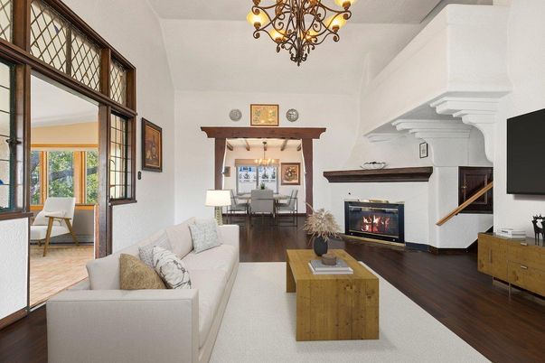 Chandelier, Dining room, Fireplace, Interior, Living room, Pendant Lights, Wood Texture Flooring