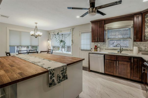 Chandelier, Interior, Kitchen, Marble, Recessed Lighting, Stainless Steel Appliances