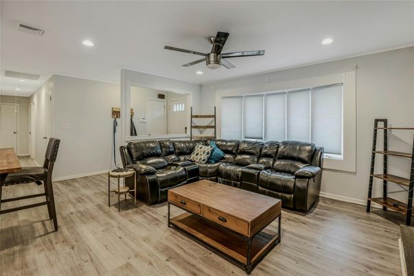 Dining room, Interior, Living room, Recessed Lighting, Wood Texture Flooring