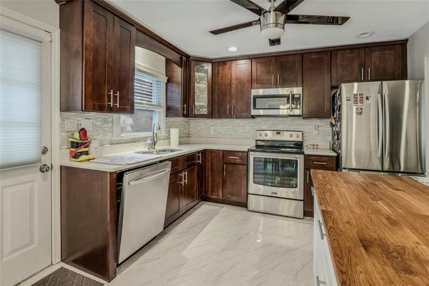Interior, Kitchen, Marble, Recessed Lighting, Stainless Steel Appliances