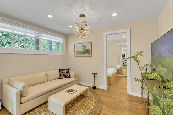 Chandelier, Interior, Living room, Recessed Lighting, Wood Texture Flooring