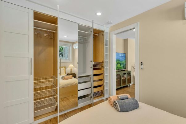 Bedroom, Interior, Recessed Lighting, Wood Texture Flooring
