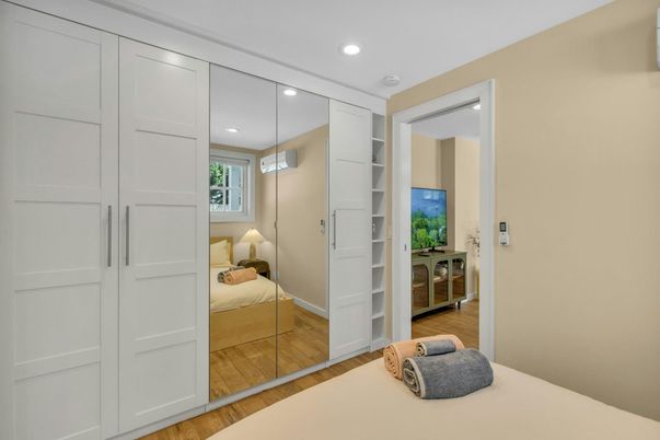 Bedroom, Interior, Recessed Lighting, Wood Texture Flooring