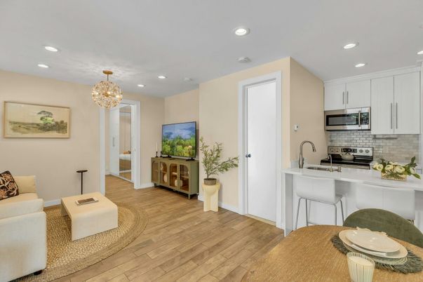 Chandelier, Interior, Kitchen, Recessed Lighting, Stainless Steel Appliances, Wood Texture Flooring
