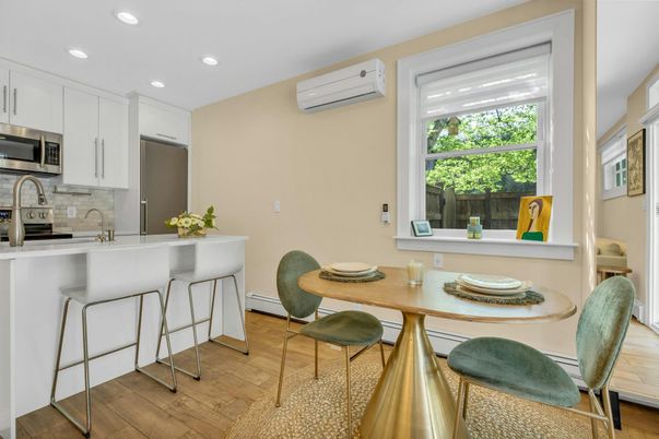 Dining room, Interior, Kitchen, Recessed Lighting, Stainless Steel Appliances, Wood Texture Flooring
