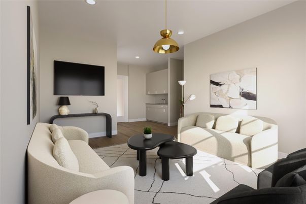 Interior, Living room, Pendant Lights, Recessed Lighting, Wood Texture Flooring