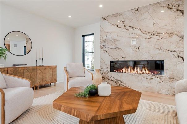 Fireplace, Interior, Marble Walls, Recessed Lighting, Wood Texture Flooring