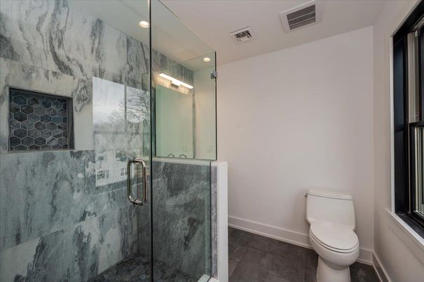 Bathroom, Glass Shower, Interior, Marble Walls, Recessed Lighting