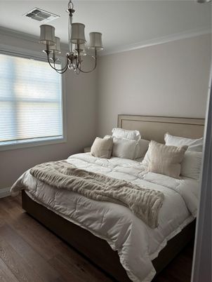 Bedroom, Chandelier, Interior, Wood Texture Flooring