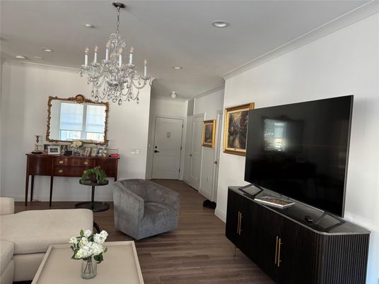 Chandelier, Interior, Living room, Recessed Lighting, Wood Texture Flooring