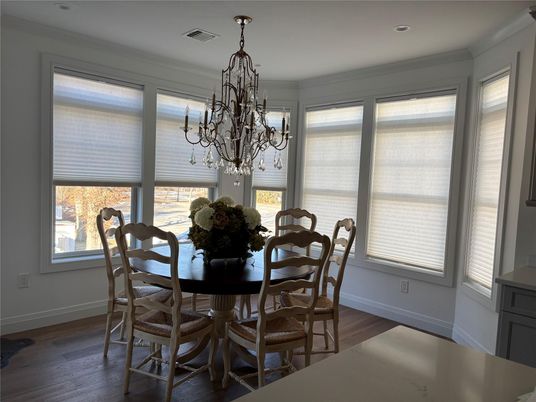 Chandelier, Dining room, Interior, Wood Texture Flooring