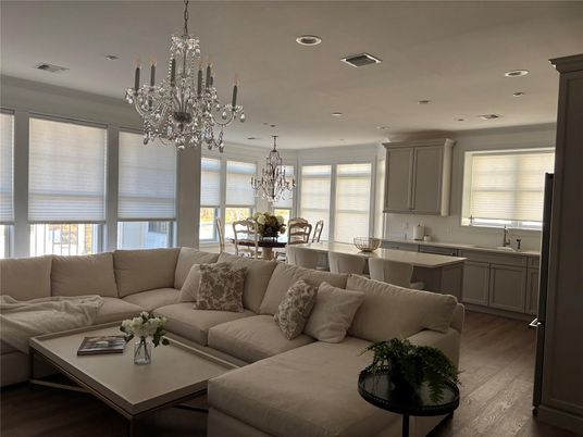 Chandelier, Dining room, Interior, Kitchen, Living room, Recessed Lighting, Wood Texture Flooring