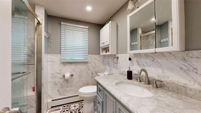Bathroom, Glass Shower, Interior, Marble Walls, Recessed Lighting