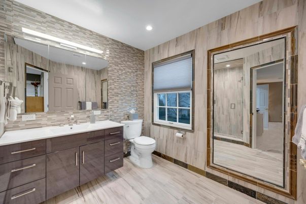 Bathroom, Dual Sink Vanities, Glass Shower, Interior, Recessed Lighting, Wood Texture Flooring