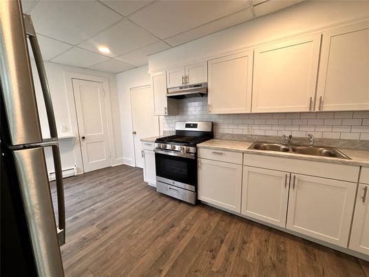 Interior, Kitchen, Recessed Lighting, Stainless Steel Appliances, Wood Texture Flooring