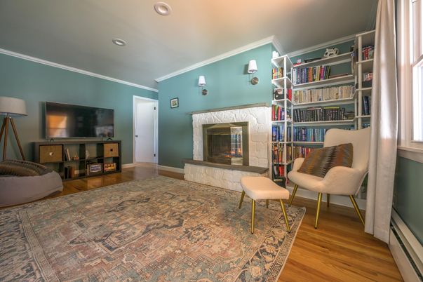 Fireplace, Interior, Recessed Lighting, Wood Texture Flooring