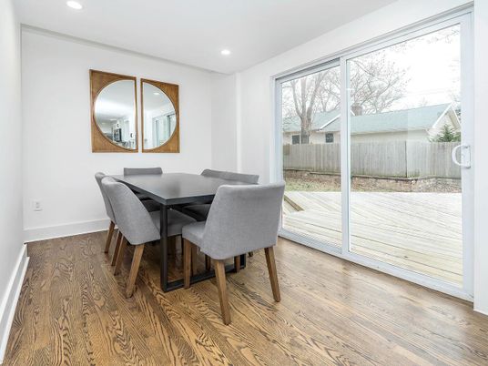 Dining room, Interior, Recessed Lighting, Wood Texture Flooring