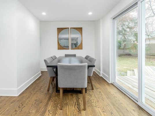 Dining room, Interior, Recessed Lighting, Wood Texture Flooring