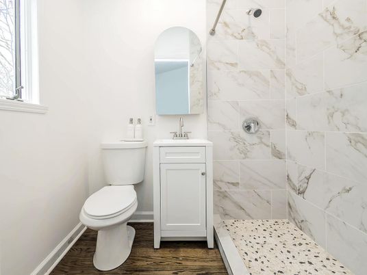 Bathroom, Interior, Marble Walls, Wood Texture Flooring