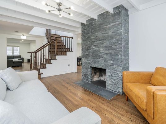 Fireplace, Interior, Living room, Pendant Lights, Wood Texture Flooring