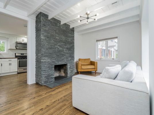 Fireplace, Interior, Kitchen, Living room, Pendant Lights, Stainless Steel Appliances, Wood Texture Flooring