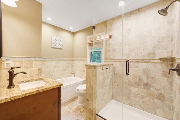 Bathroom, Glass Shower, Interior, Recessed Lighting, Stone Walls