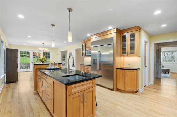 Chandelier, Interior, Kitchen, Pendant Lights, Recessed Lighting, Stainless Steel Appliances, Wood Texture Flooring