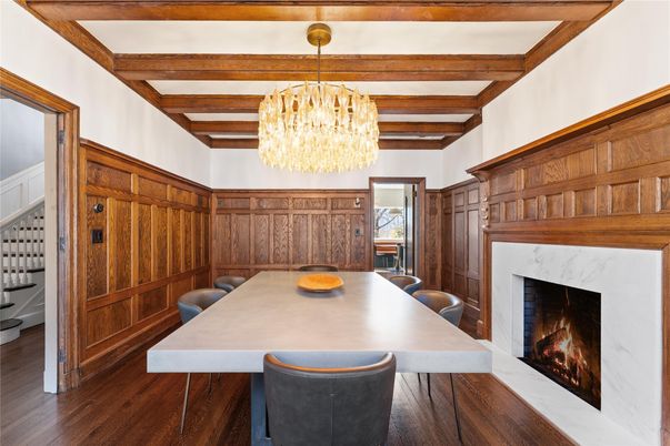 Chandelier, Dining room, Fireplace, Interior, Wooden Beams, Wood Texture Flooring, Wooden Walls