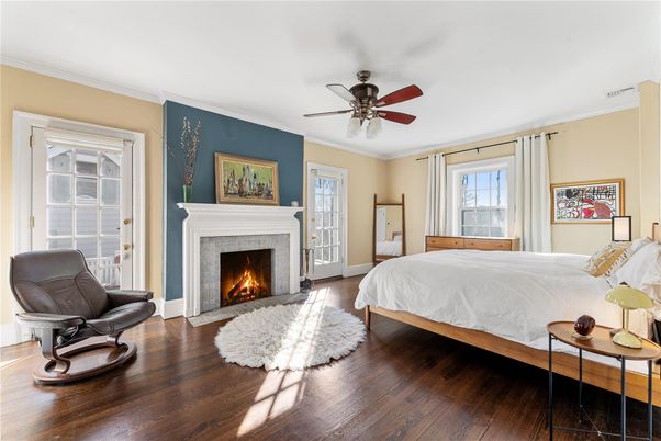 Bedroom, Fireplace, Interior, Wood Texture Flooring