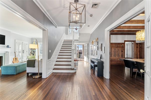 Chandelier, Fireplace, Interior, Pendant Lights, Piano, Wooden Beams, Wood Texture Flooring