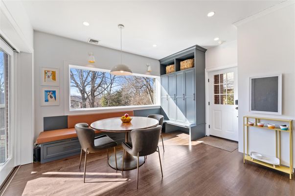 Dining room, Interior, Pendant Lights, Recessed Lighting, Wood Texture Flooring
