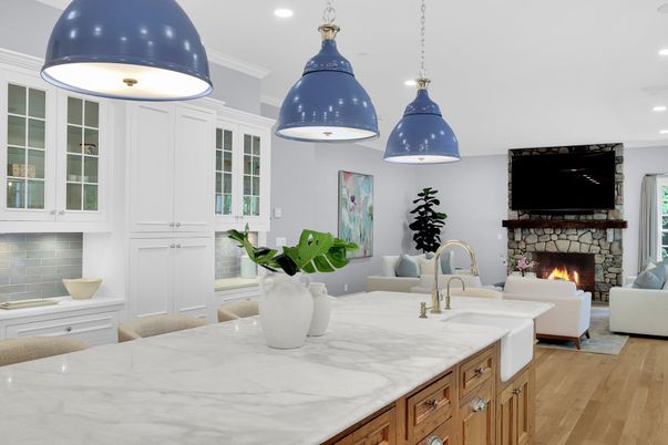 Fireplace, Interior, Kitchen, Living room, Pendant Lights, Recessed Lighting, Wood Texture Flooring