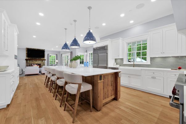 Fireplace, Interior, Kitchen, Pendant Lights, Recessed Lighting, Stainless Steel Appliances, Wood Texture Flooring