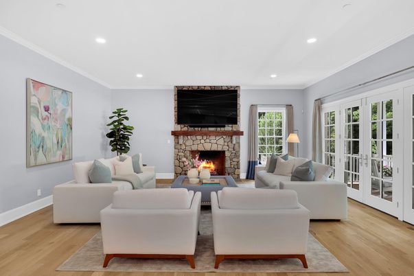 Fireplace, Interior, Living room, Recessed Lighting, Wood Texture Flooring