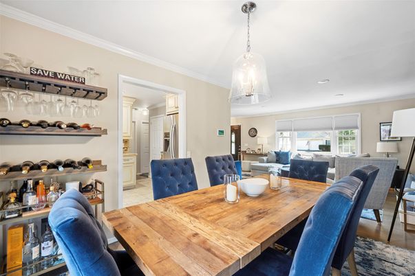 Dining room, Interior, Living room, Pendant Lights, Recessed Lighting, Wood Texture Flooring