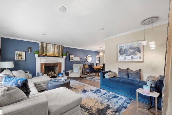 Dining room, Fireplace, Interior, Living room, Pendant Lights, Recessed Lighting, Wood Texture Flooring
