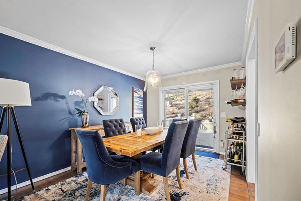 Dining room, Interior, Pendant Lights, Wood Texture Flooring