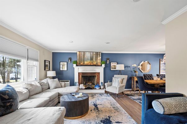 Fireplace, Interior, Living room, Recessed Lighting, Wood Texture Flooring