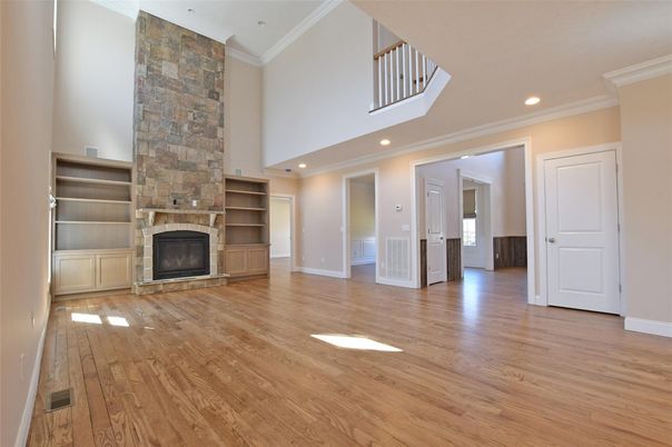 Fireplace, Interior, Recessed Lighting, Wood Texture Flooring