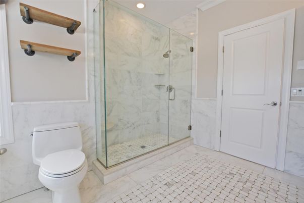 Bathroom, Glass Shower, Interior, Marble, Marble Walls, Recessed Lighting