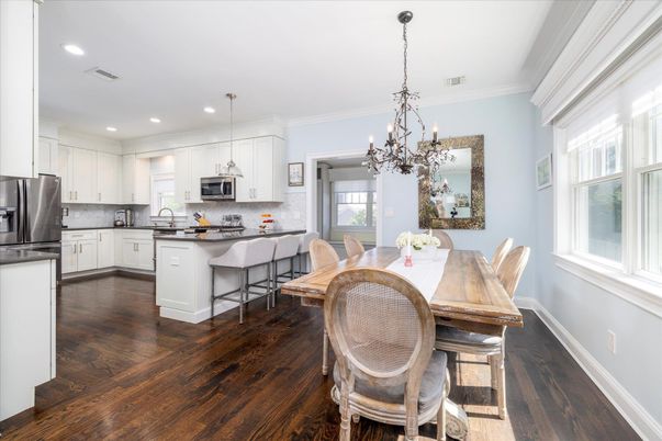 Chandelier, Dining room, Interior, Kitchen, Pendant Lights, Recessed Lighting, Stainless Steel Appliances, Wood Texture Flooring