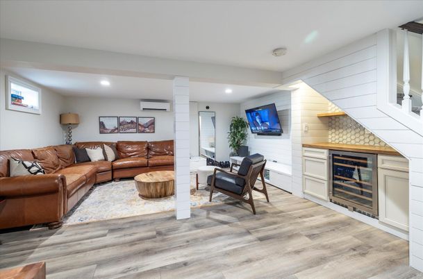 Fireplace, Interior, Living room, Recessed Lighting, Wood Texture Flooring