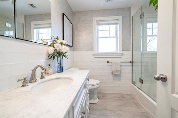 Bathroom, Glass Shower, Interior, Wood Texture Flooring