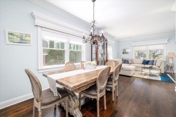 Chandelier, Dining room, Interior, Living room, Recessed Lighting, Wood Texture Flooring