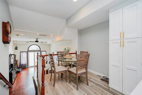 Dining room, Interior, Recessed Lighting, Wood Texture Flooring