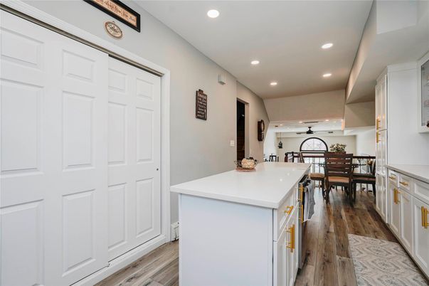 Dining room, Interior, Recessed Lighting, Wood Texture Flooring