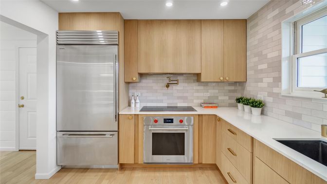 Interior, Kitchen, Recessed Lighting, Stainless Steel Appliances, Wood Texture Flooring