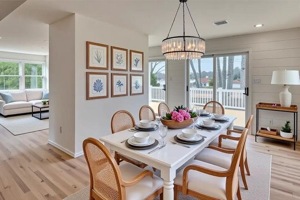 Chandelier, Dining room, Interior, Living room, Recessed Lighting, Wood Texture Flooring