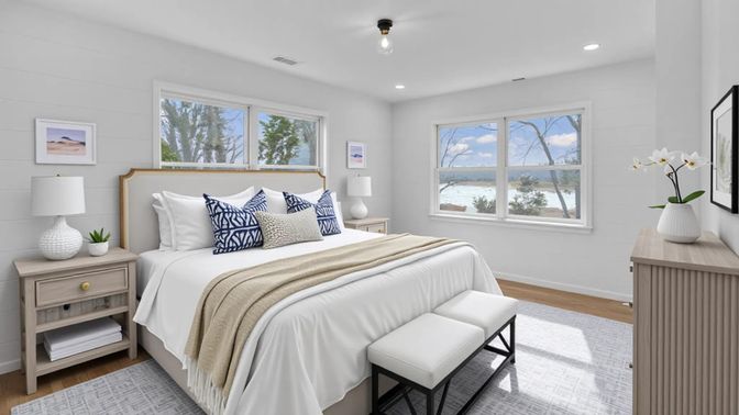 Bedroom, Interior, Recessed Lighting, Water, Wood Texture Flooring